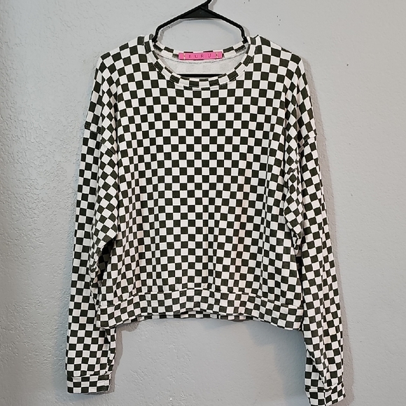 Buru Sweaters - BURU Checkered Green and White Women's Crew Neck Crop Sweater Womens XL